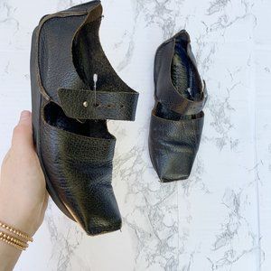 Trippen Black Leather Square Toe Buckle Flats Shoe
